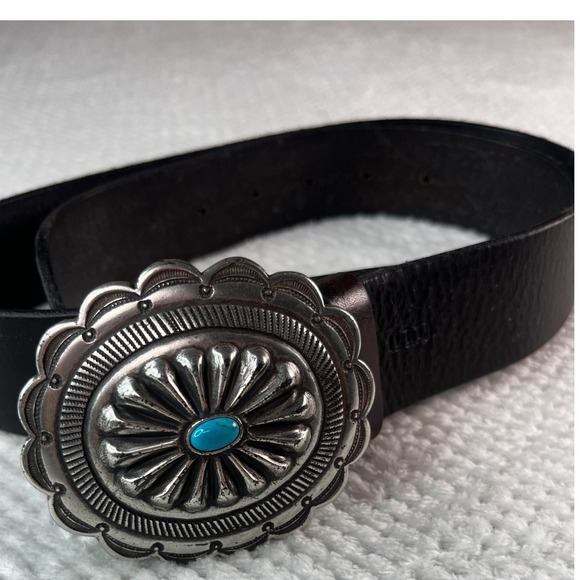 Lauren Ralph Lauren Black Leather Western Concho Belt Turquoise Stone Size M - Picture 4 of 12